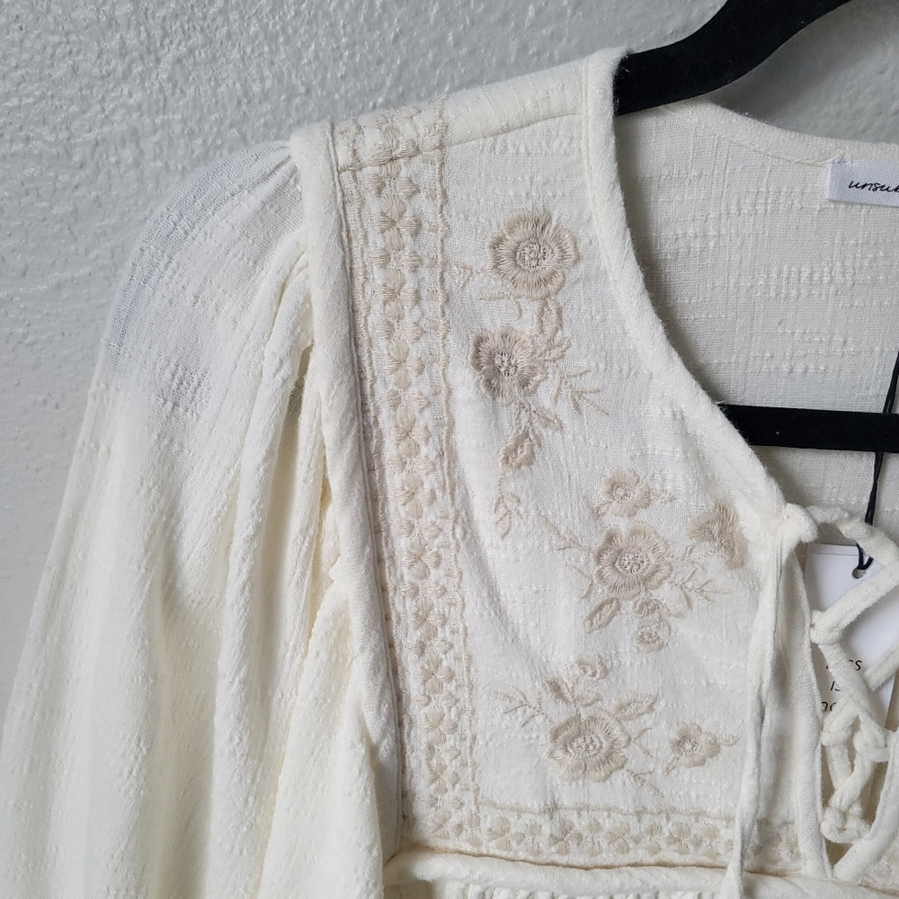 Unsubscribed NWT 3100 Crafty Embroidered Boho Mini Dress Size 2 In Soft Muslin - Picture 4 of 12